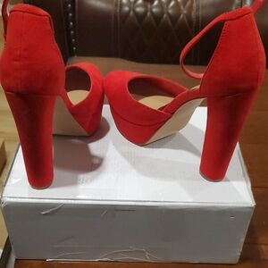 Red Suede High Block Heel Sandals with Ankle Strap